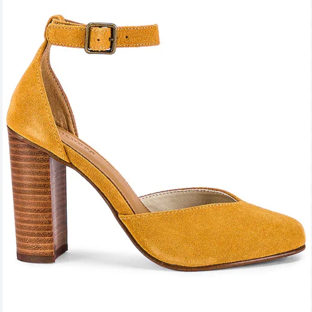 Soludos Mustard Suede Block Heel Ankle Strap Pumps